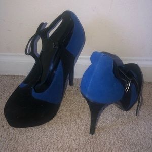 Blue & Black Closed Toe Suede Heels